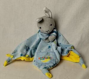Goodnight Moon Bunny Rabbit Plush Lovey Security Blanket Blue Yellow - Knotted